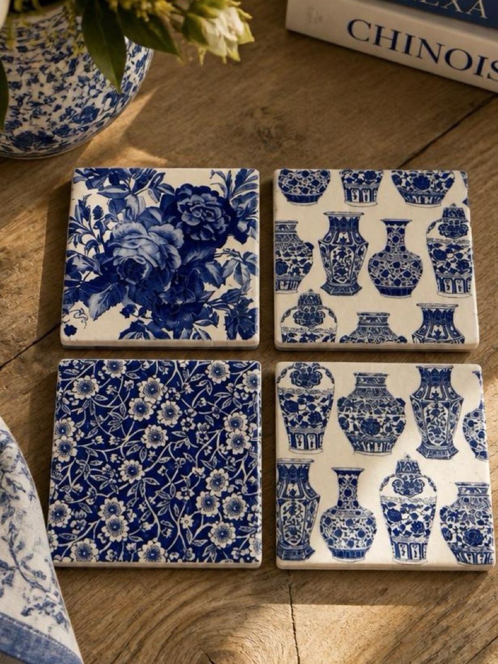 Blue & White Chinoiserie Coaster | Ginger Jar Floral Grandmillennial Coaster Set - Picture 2 of 4